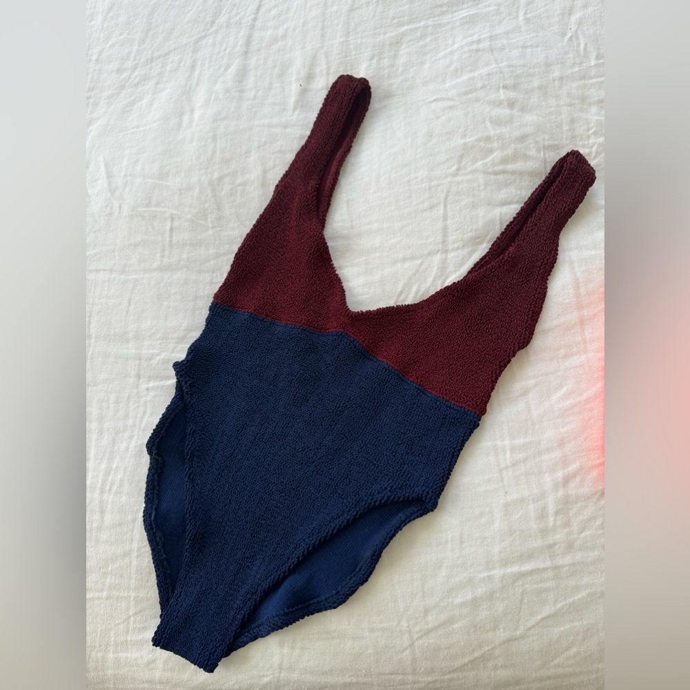 Hunza G Vintage Swimsuit One Piece Color block One Size Red Burgundy Blue Swim V